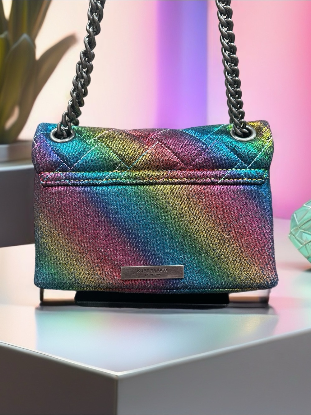 Kurt Geiger Denim Metallic Rainbow Quilted 2 Way Bag W/crystal Studs NWOT - Picture 3 of 10